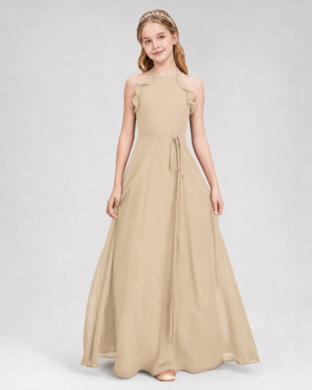 Champagne Chiffon A-line Junior Bridesmaid Dress Front View
