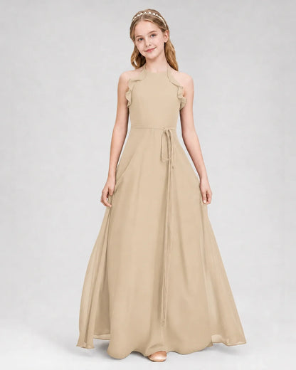 Champagne Chiffon A-line Junior Bridesmaid Dress Front View