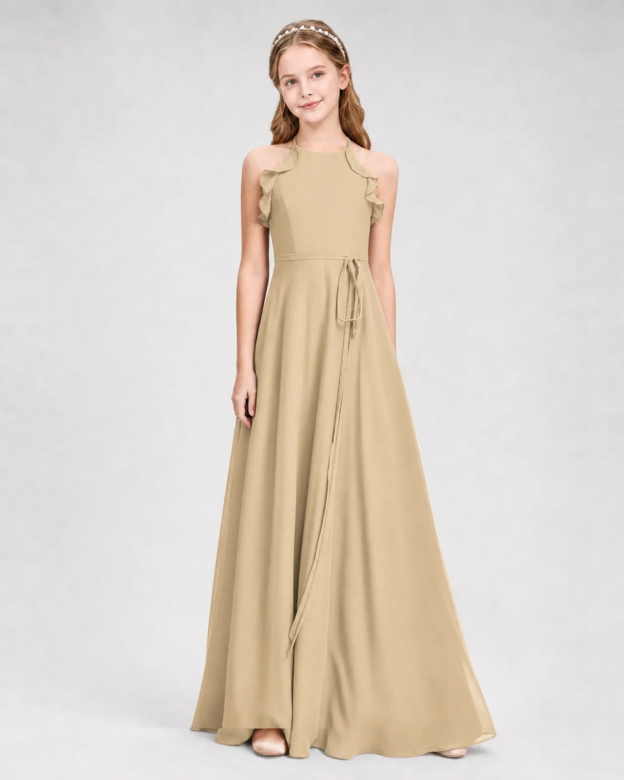 Champagne Chiffon A-line Junior Bridesmaid Dress Front View
