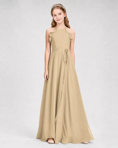 Champagne Chiffon A-line Junior Bridesmaid Dress Front View