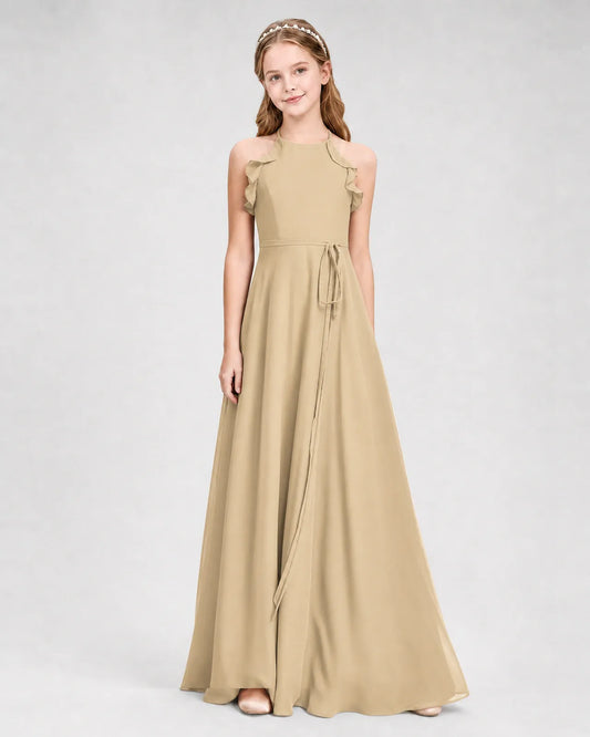 Champagne Chiffon A-line Junior Bridesmaid Dress Front View