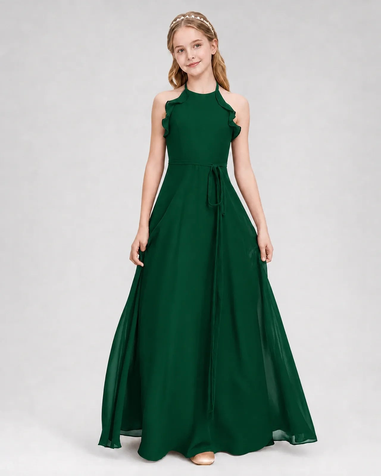 Dark Green Chiffon A-line Junior Bridesmaid Dress Front View