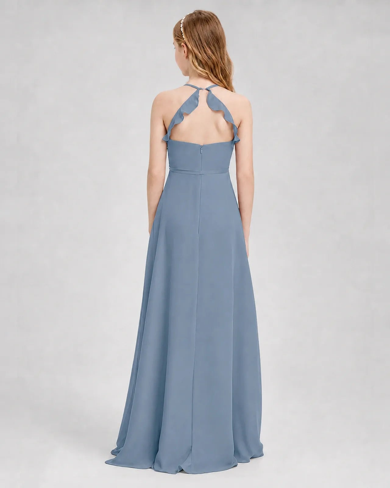 Dusty Blue Chiffon A-line Junior Bridesmaid Dress Back View