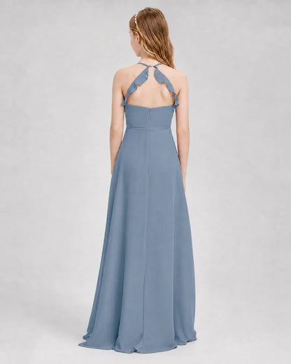 Dusty Blue Chiffon A-line Junior Bridesmaid Dress Back View