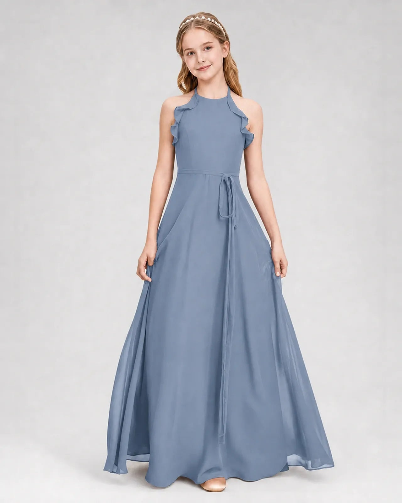 Dusty Blue Chiffon A-line Junior Bridesmaid Dress Front View