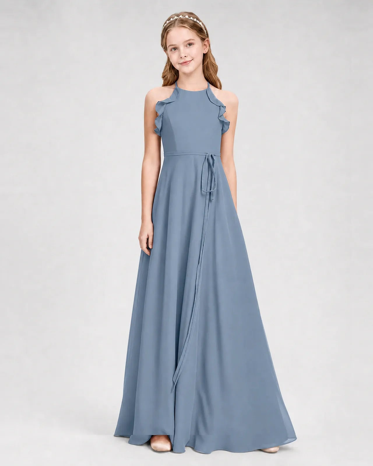 Dusty Blue Chiffon A-line Junior Bridesmaid Dress Side View