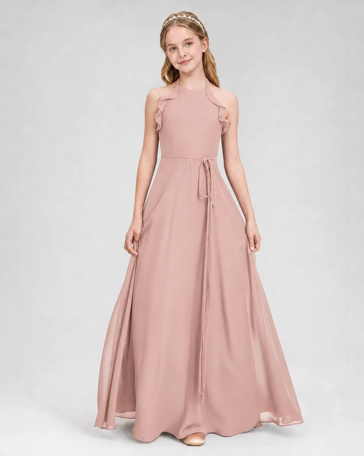 Dusty Rose Chiffon A-line Junior Bridesmaid Dress Front View