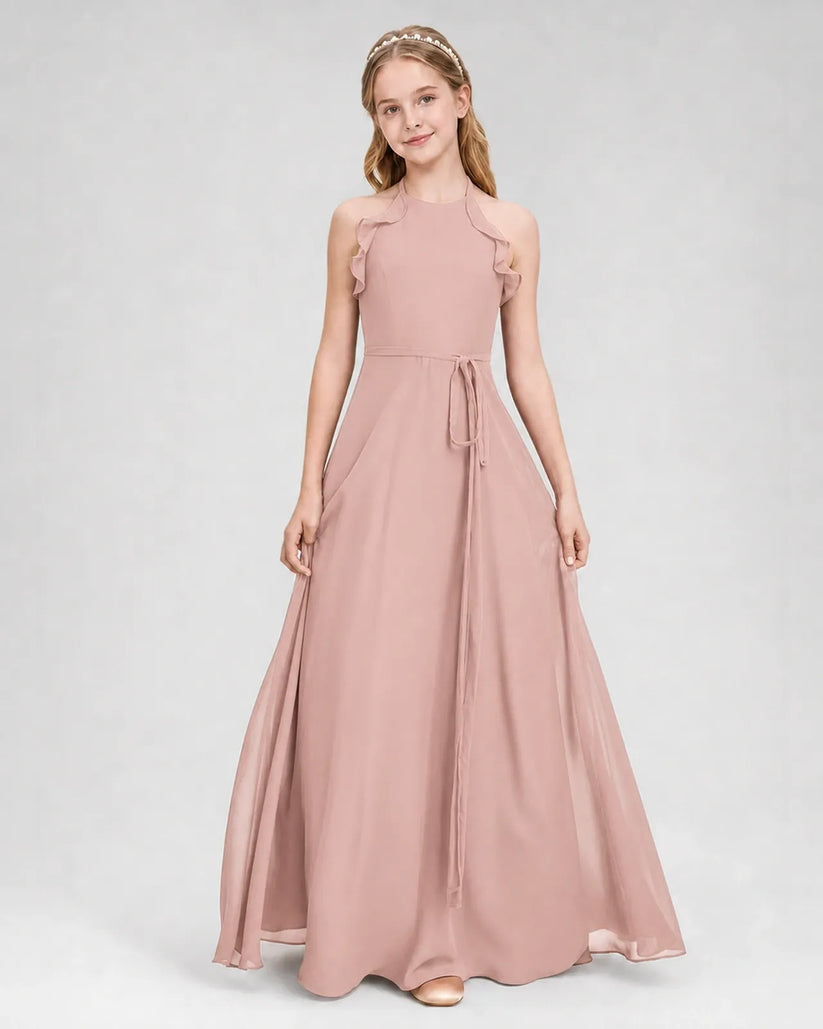Dusty Rose Chiffon A-line Junior Bridesmaid Dress Front View