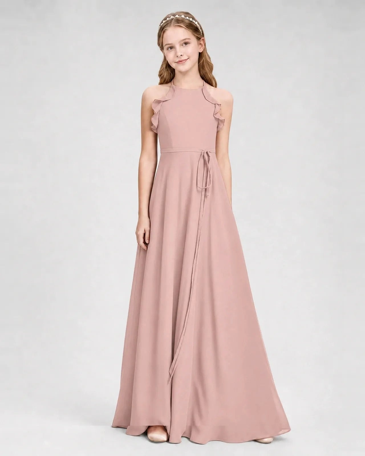Dusty Rose Chiffon A-line Junior Bridesmaid Dress Side View