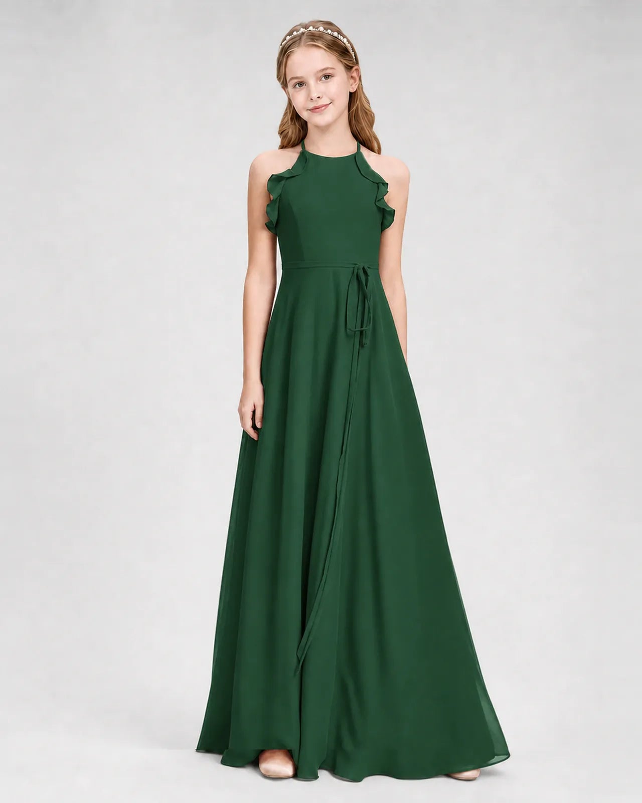 Emerald Green Chiffon A-line Junior Bridesmaid Dress Side View