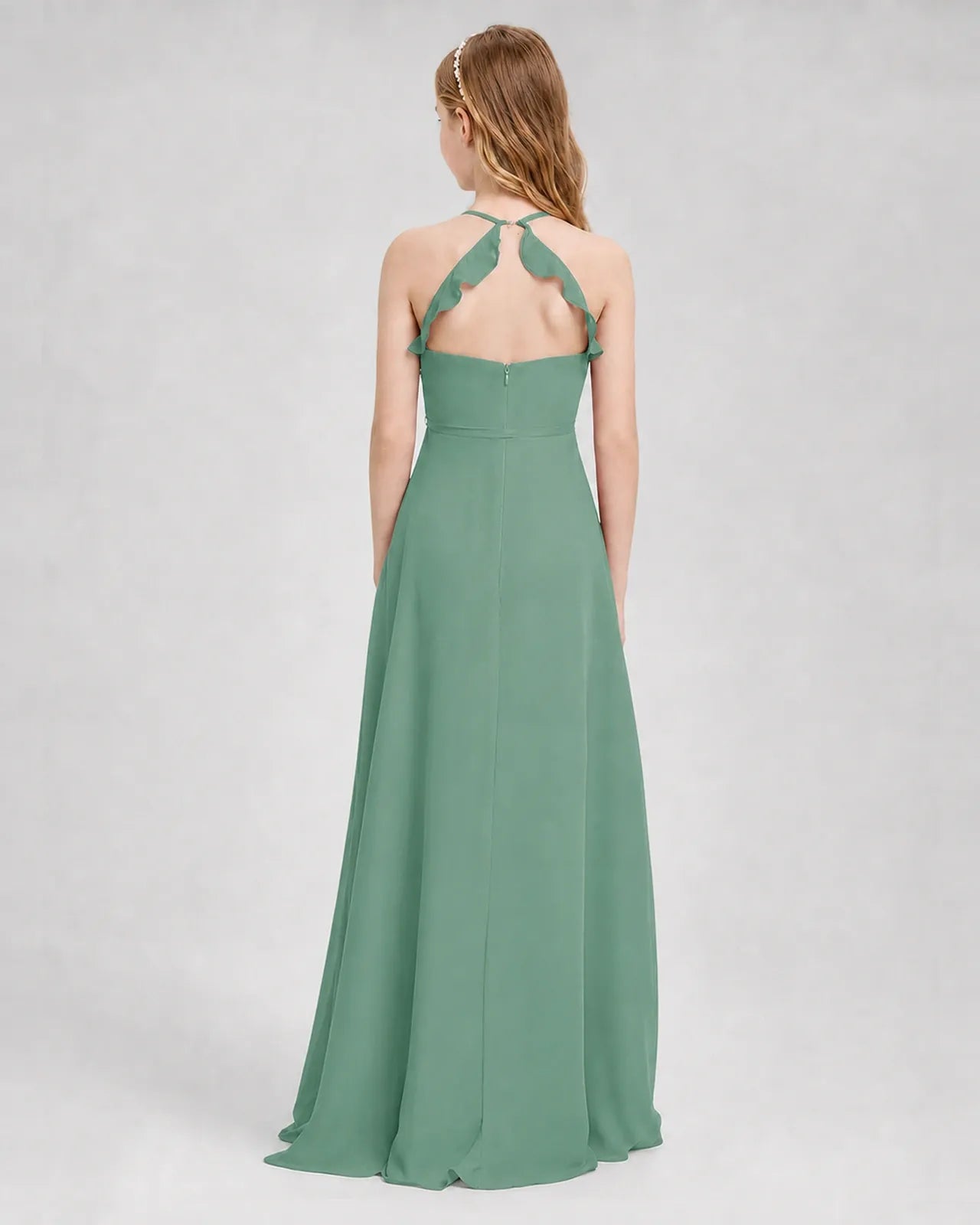 Eucalyptus Chiffon A-line Junior Bridesmaid Dress Back View