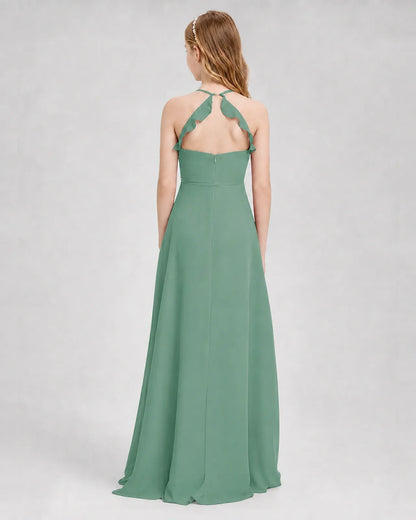 Eucalyptus Chiffon A-line Junior Bridesmaid Dress Back View
