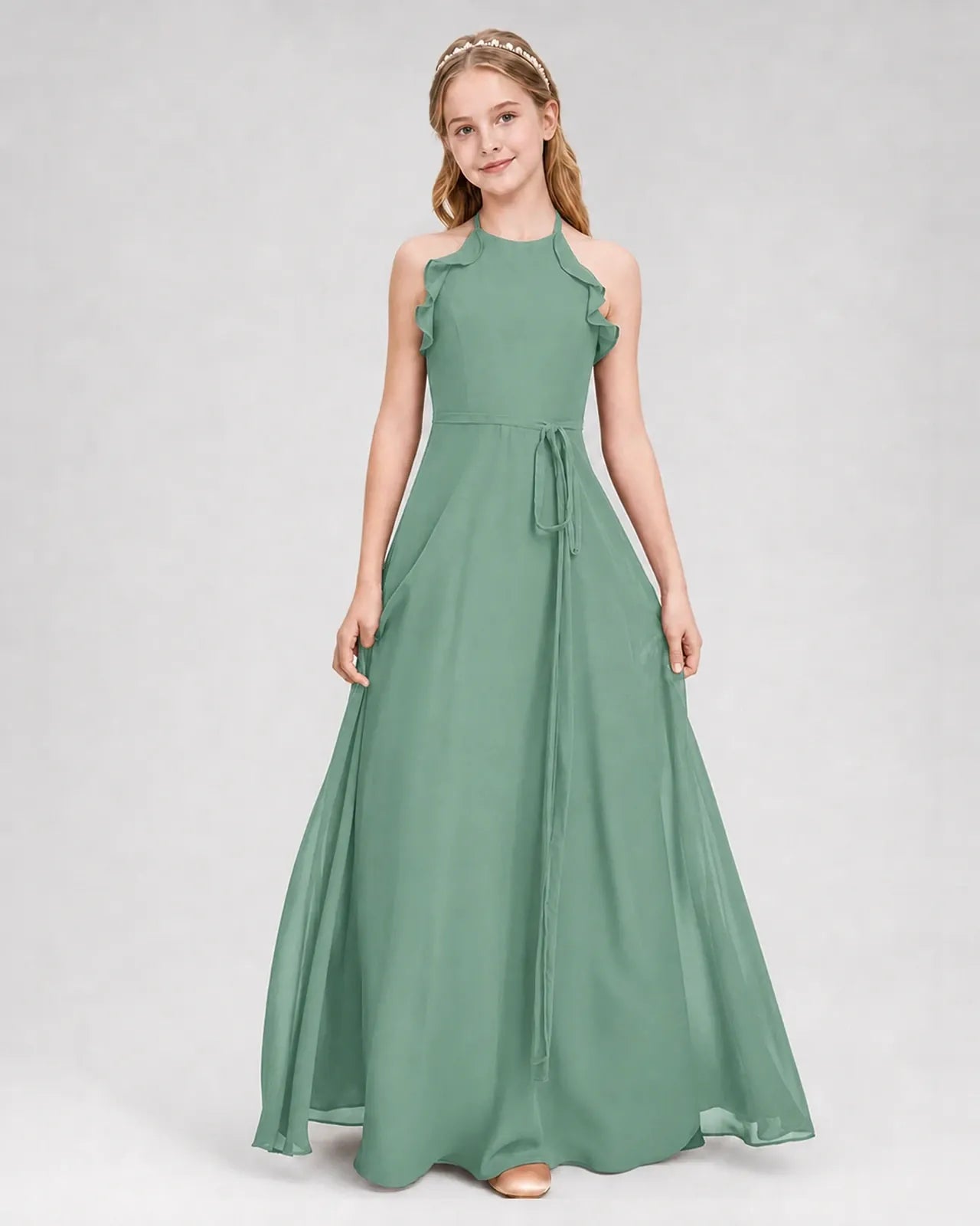 Eucalyptus Chiffon A-line Junior Bridesmaid Dress Front View