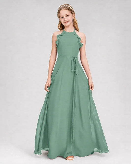 Eucalyptus Chiffon A-line Junior Bridesmaid Dress Front View
