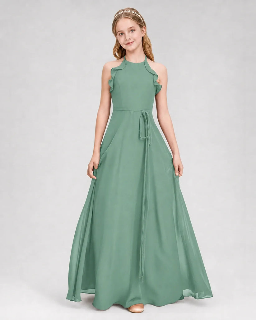Eucalyptus Chiffon A-line Junior Bridesmaid Dress Front View