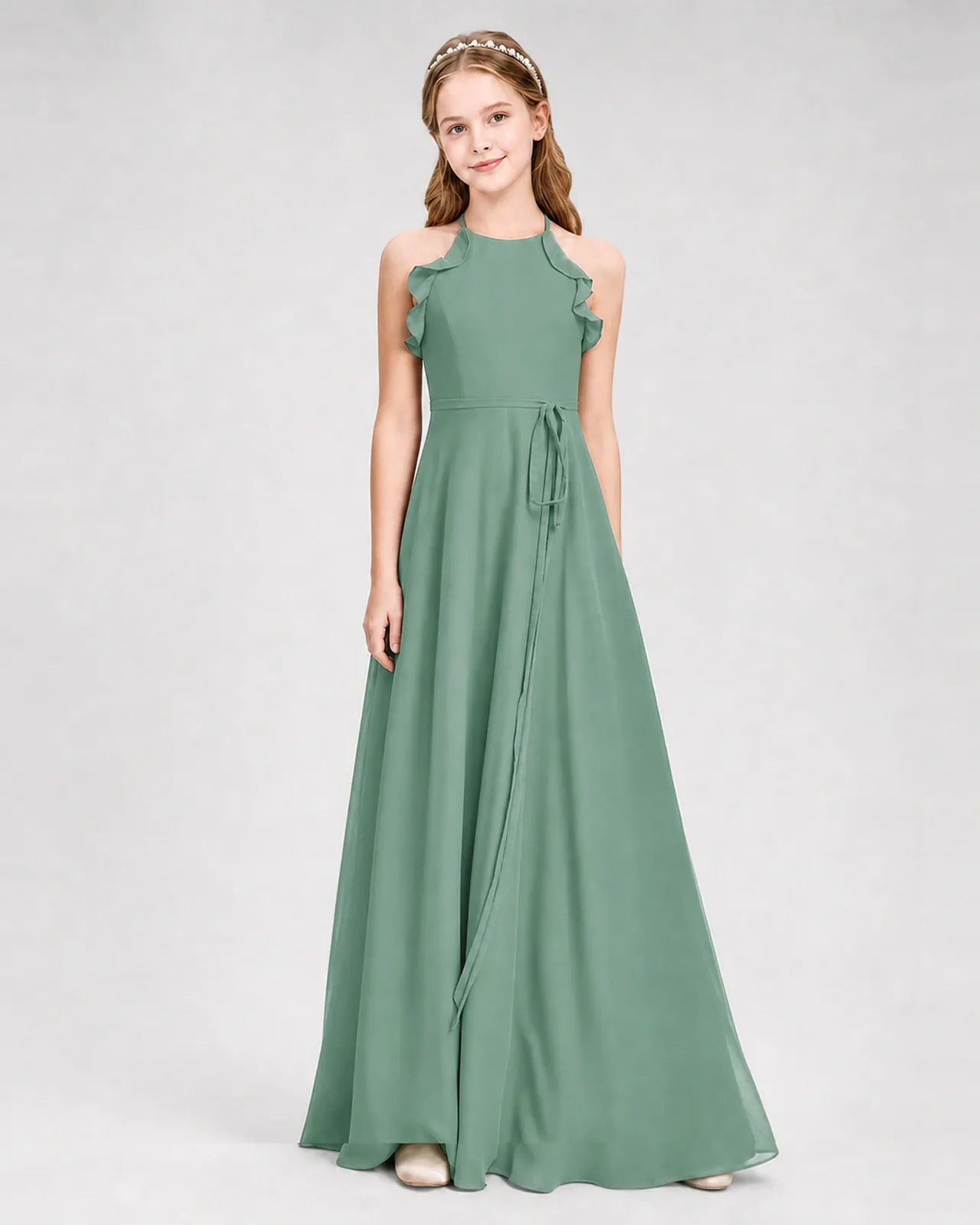 Eucalyptus Chiffon A-line Junior Bridesmaid Dress Side View