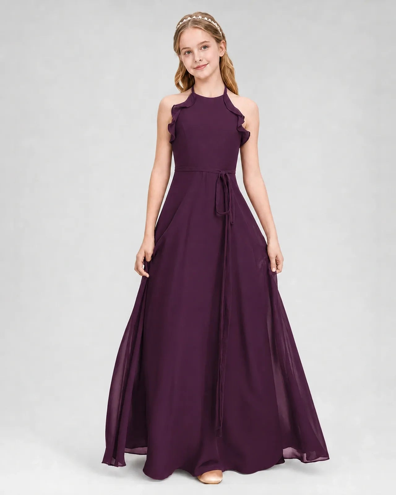 Grape Chiffon A-line Junior Bridesmaid Dress Front View