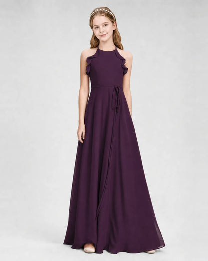 Grape Chiffon A-line Junior Bridesmaid Dress Side View