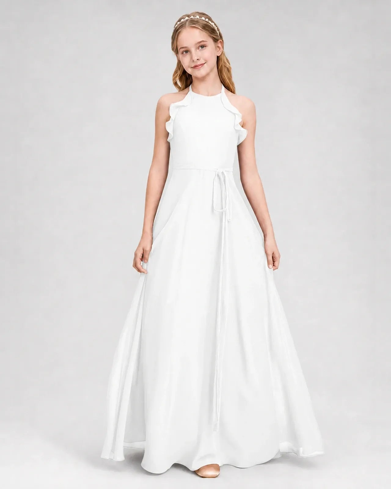 Ivory Chiffon A-line Junior Bridesmaid Dress Front View