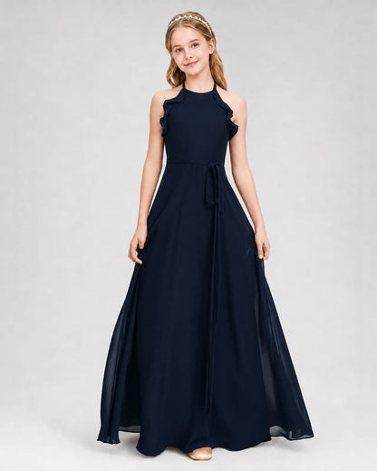 Navy Blue Chiffon A-line Junior Bridesmaid Dress Front View