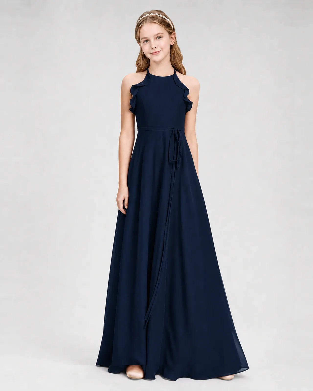 Navy Blue Chiffon A-line Junior Bridesmaid Dress Side View