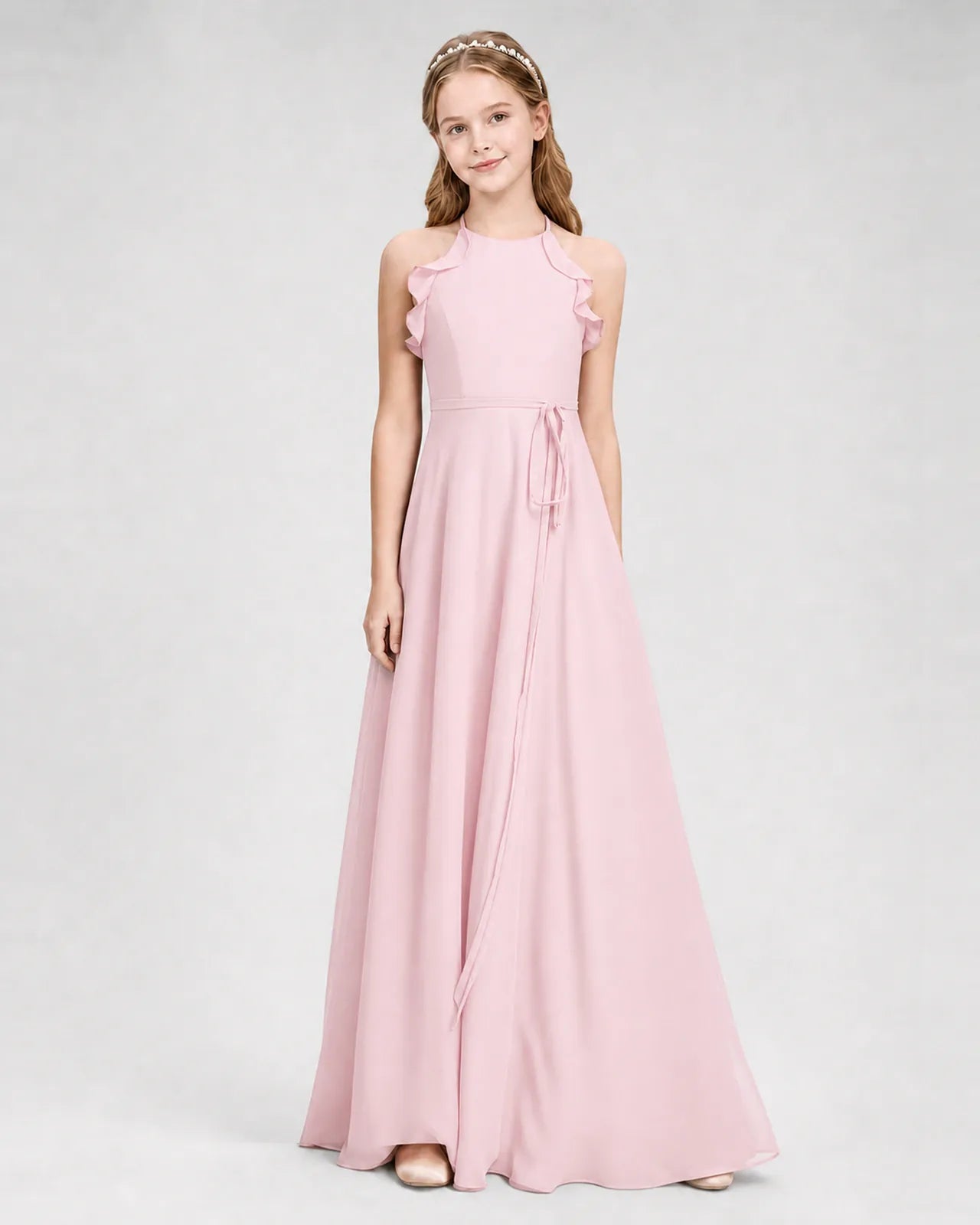 Pink Chiffon A-line Junior Bridesmaid Dress Side View