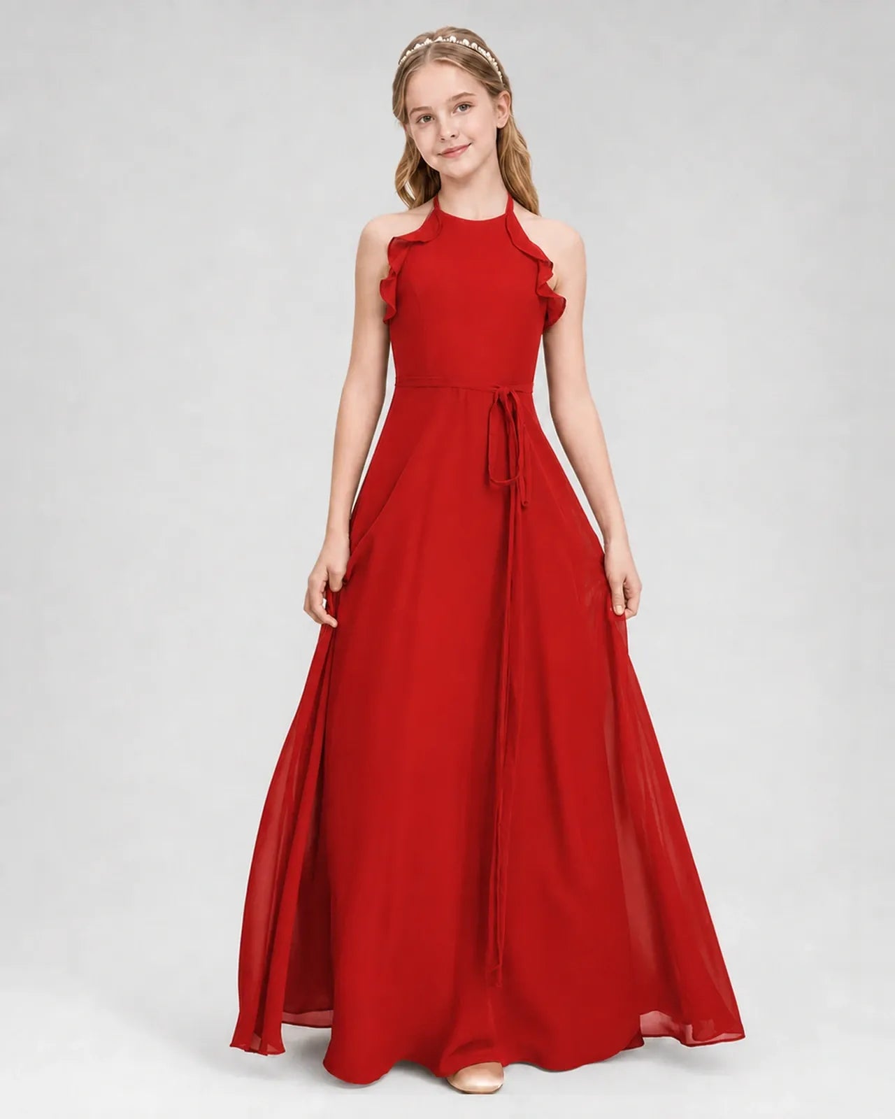 Red Chiffon A-line Junior Bridesmaid Dress Front View