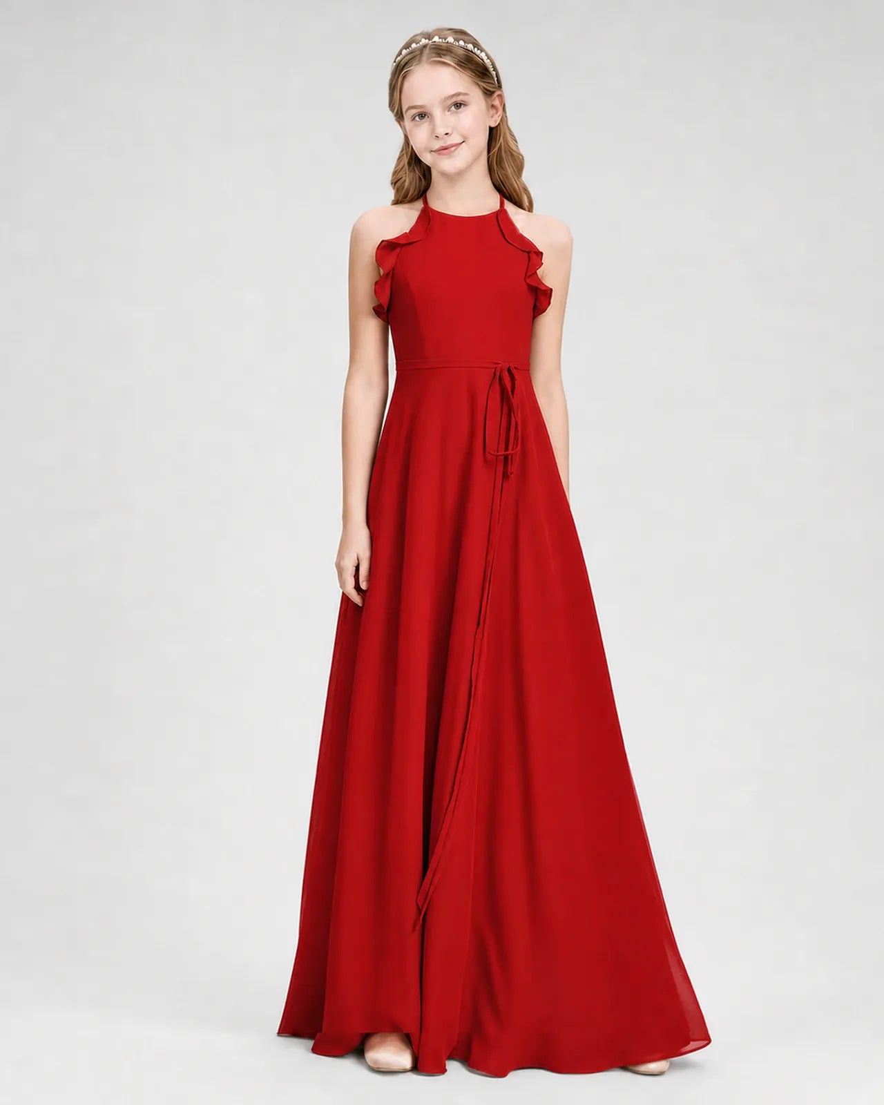 Red Chiffon A-line Junior Bridesmaid Dress Side View