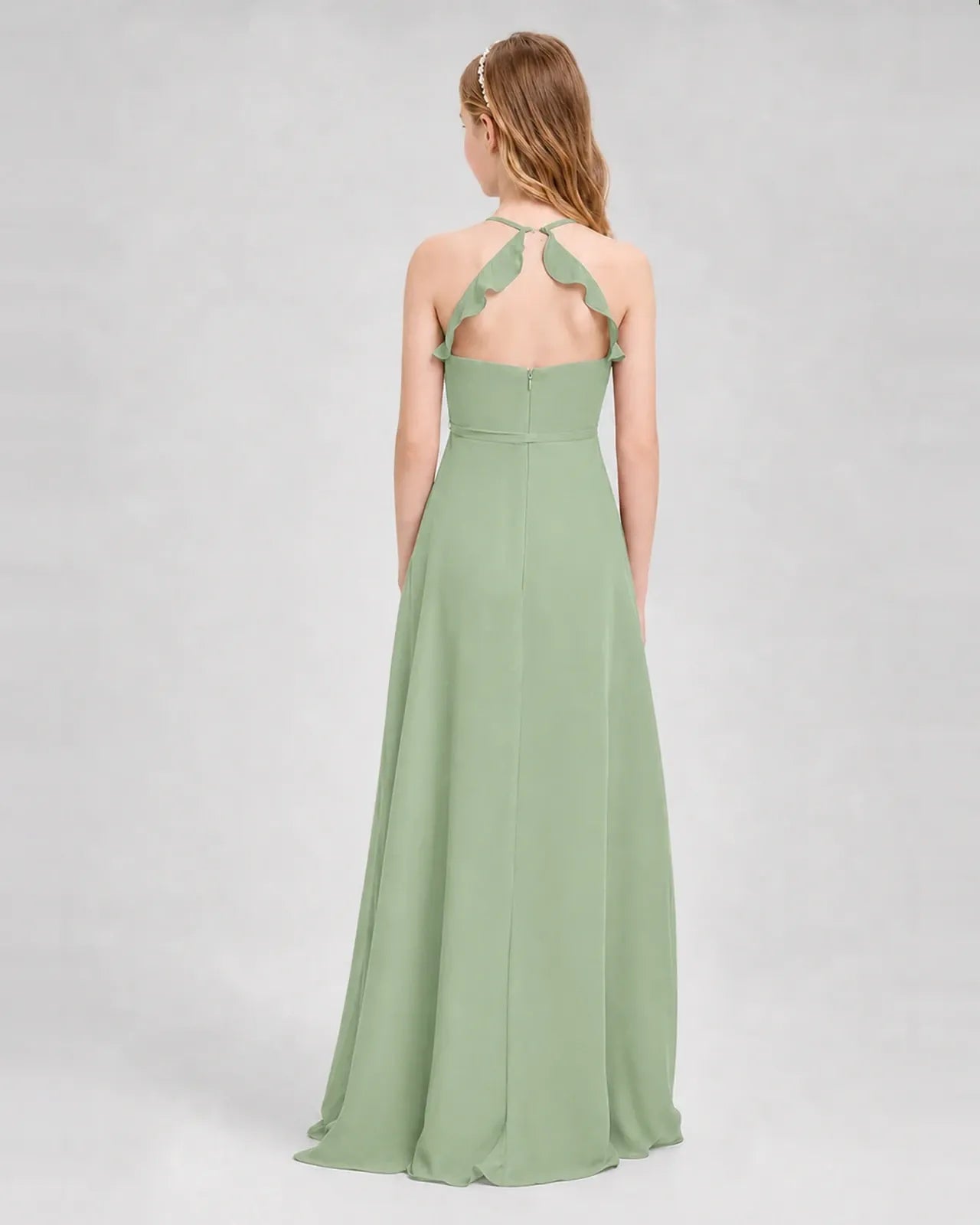 Sage Green Chiffon A-line Junior Bridesmaid Dress Back View