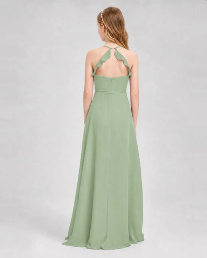 Sage Green Chiffon A-line Junior Bridesmaid Dress Back View