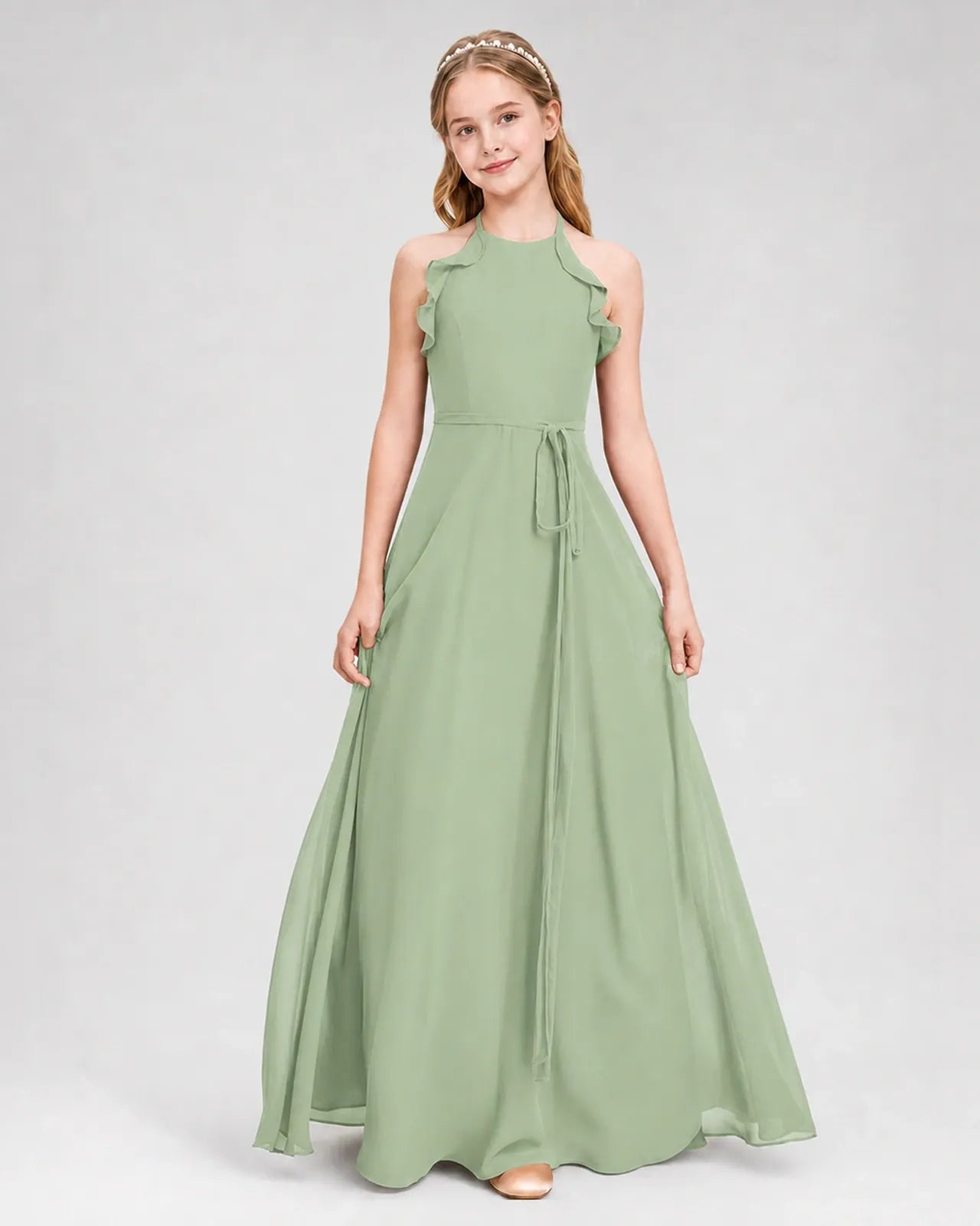 Sage Green Chiffon A-line Junior Bridesmaid Dress Front View