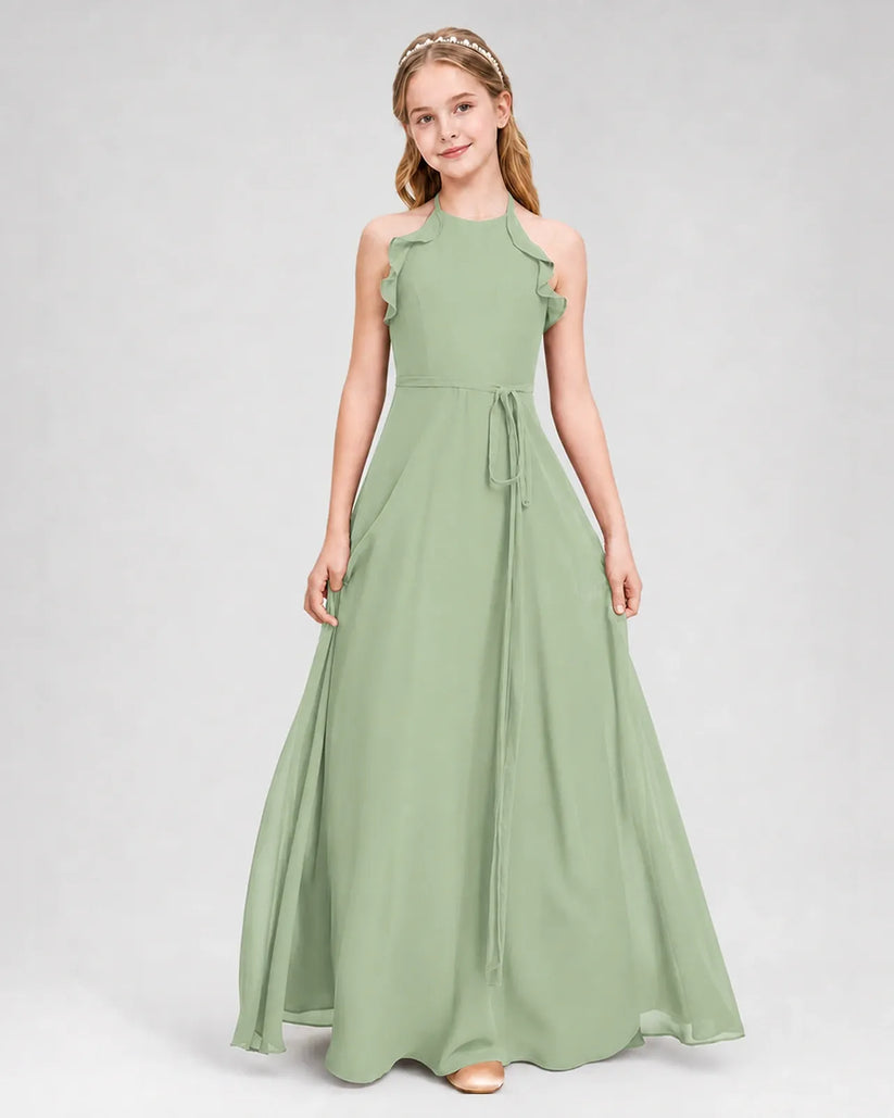 Sage Green Chiffon A-line Junior Bridesmaid Dress Front View