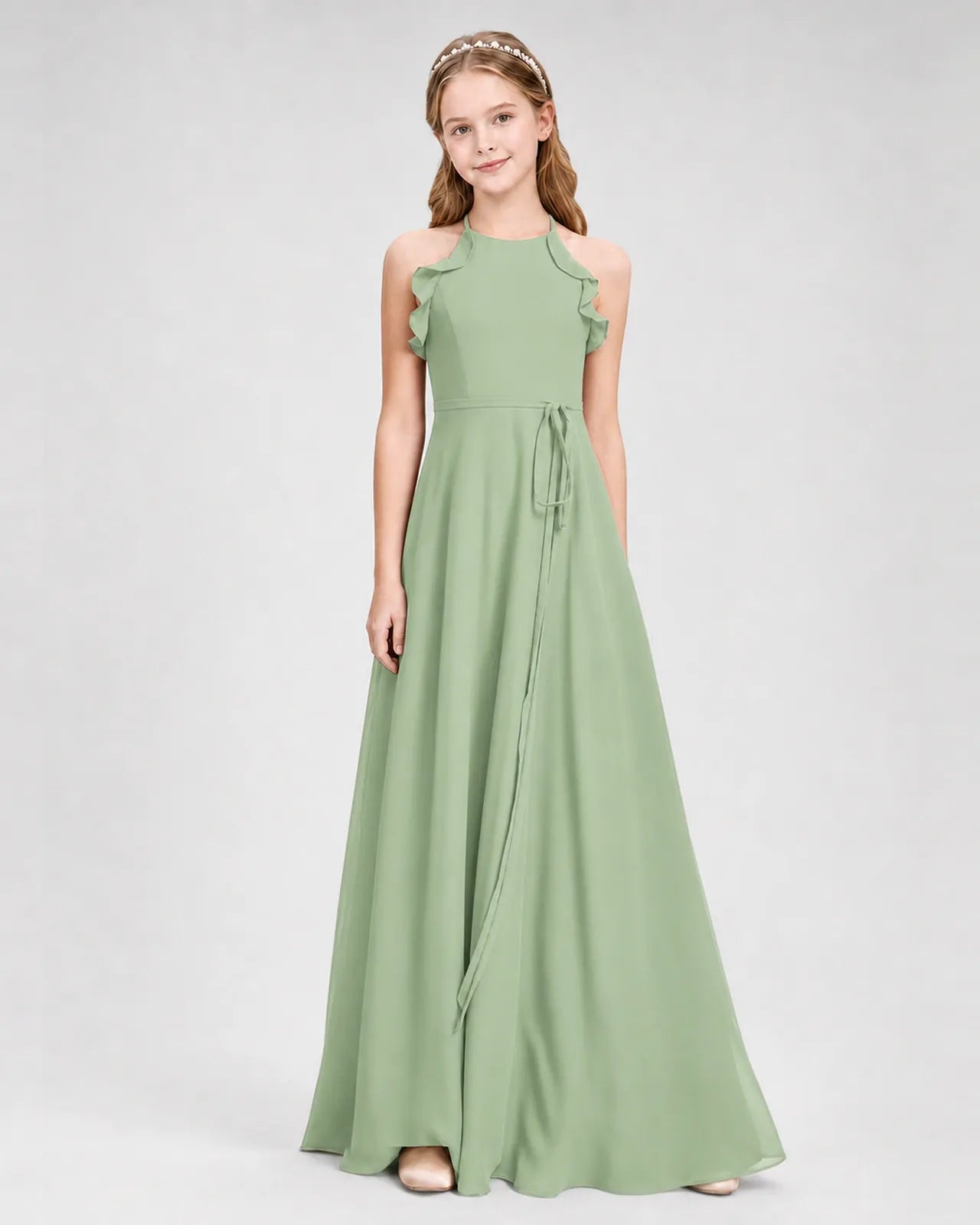 Sage Green Chiffon A-line Junior Bridesmaid Dress Front View