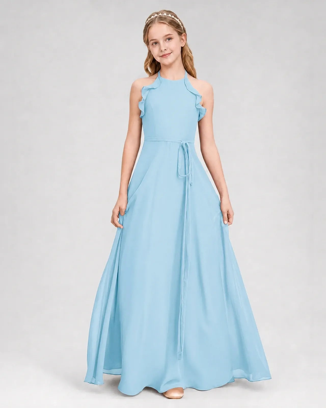 Sky Blue Chiffon A-line Junior Bridesmaid Dress Front View