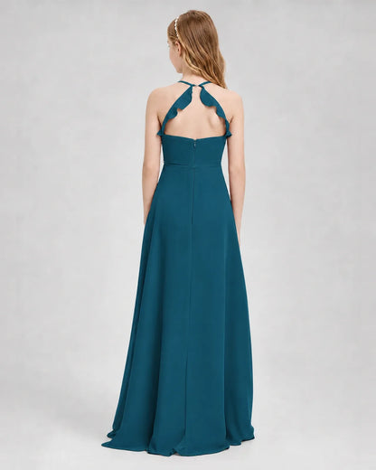 Teal Chiffon A-line Junior Bridesmaid Dress Back View