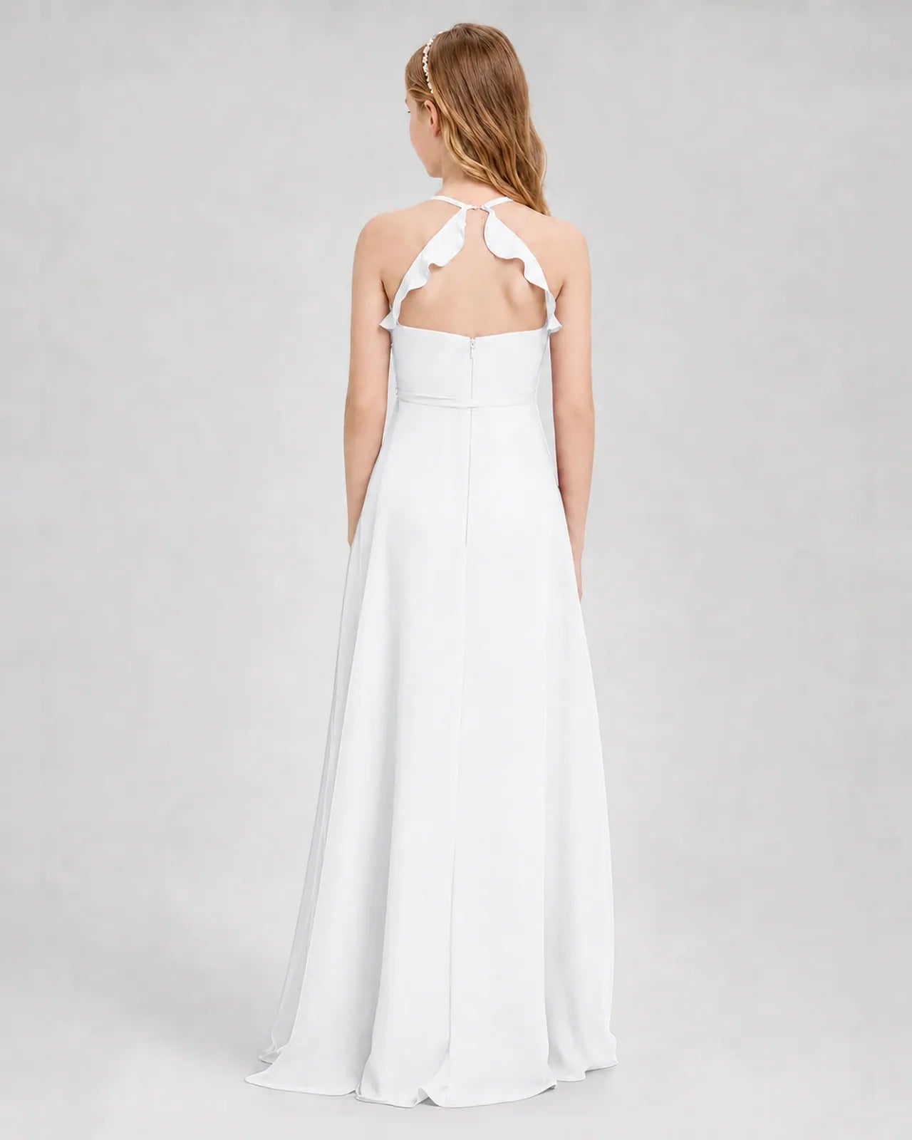 White Chiffon A-line Junior Bridesmaid Dress Back View