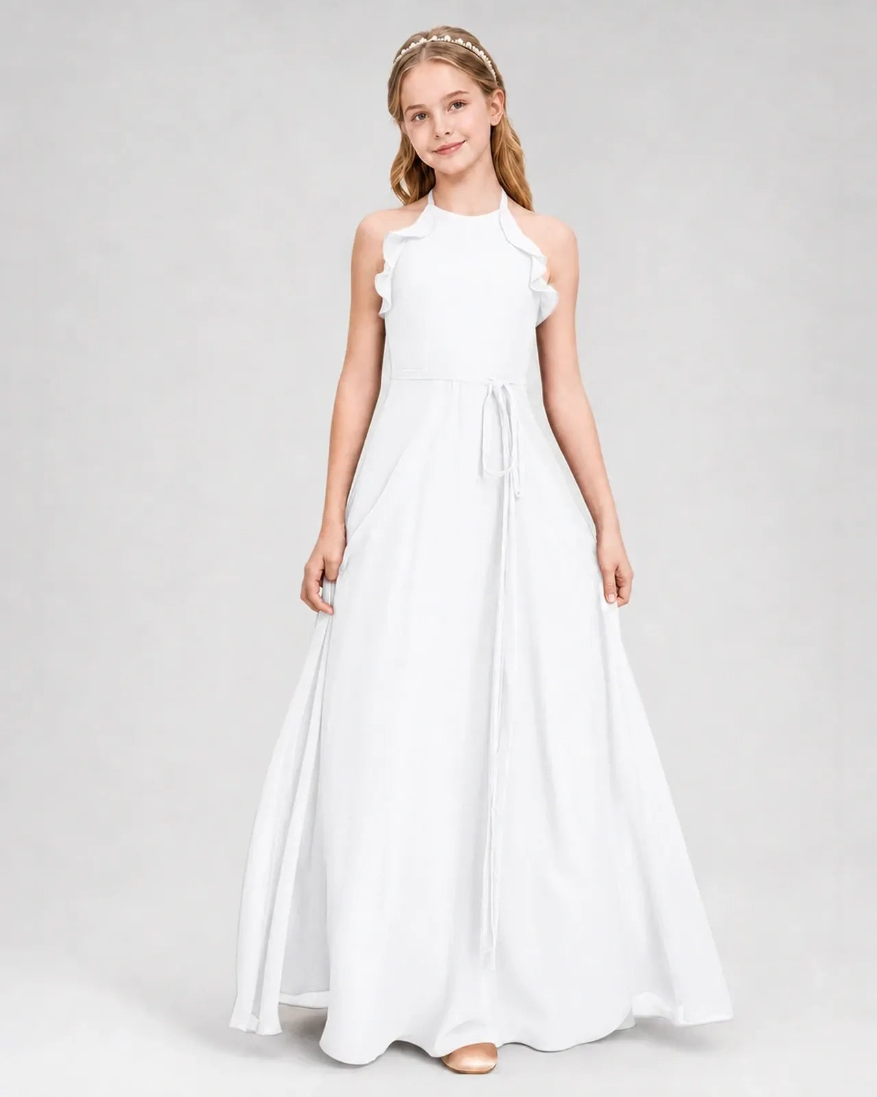 White Chiffon A-line Junior Bridesmaid Dress Front View