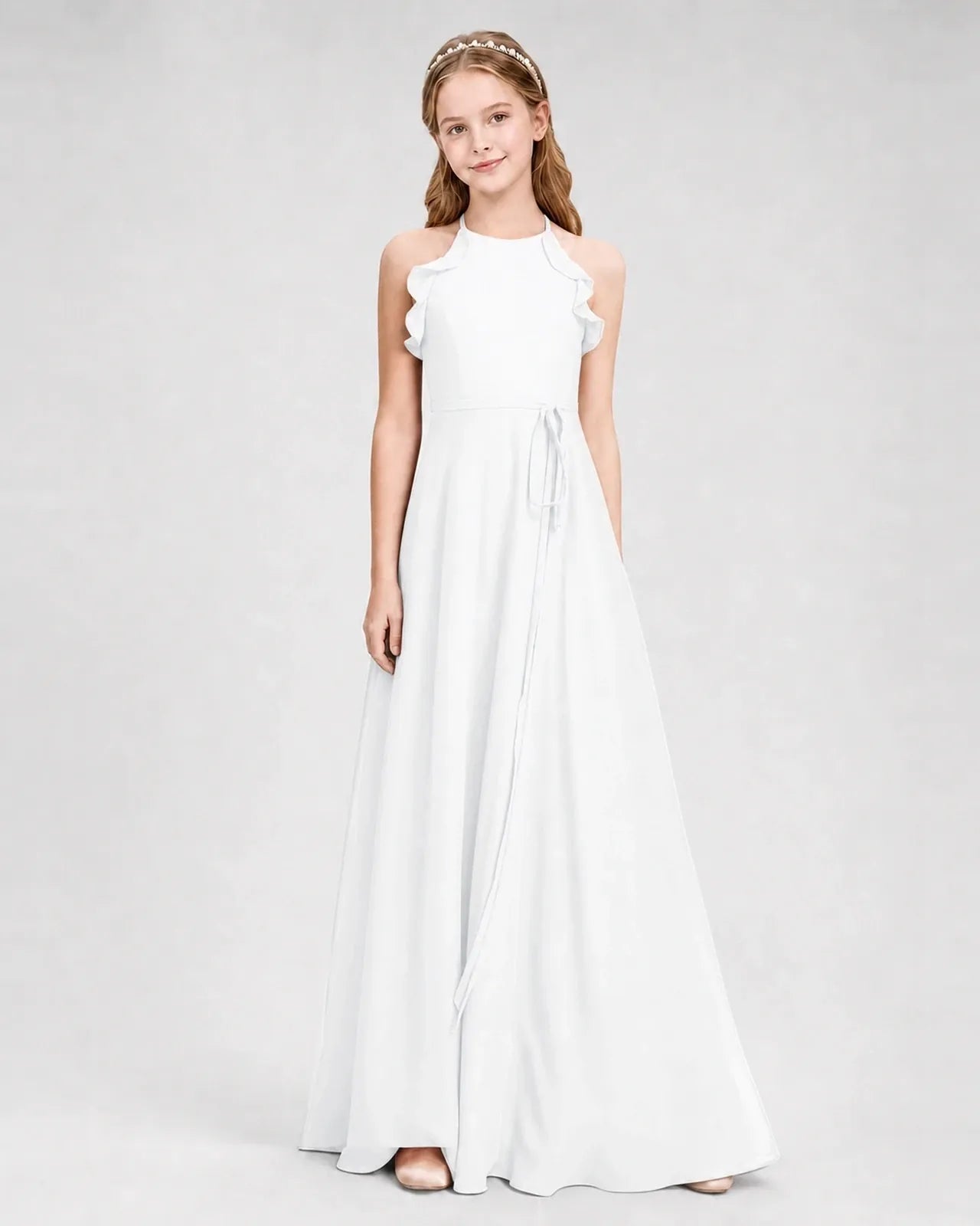 White Chiffon A-line Junior Bridesmaid Dress Side View