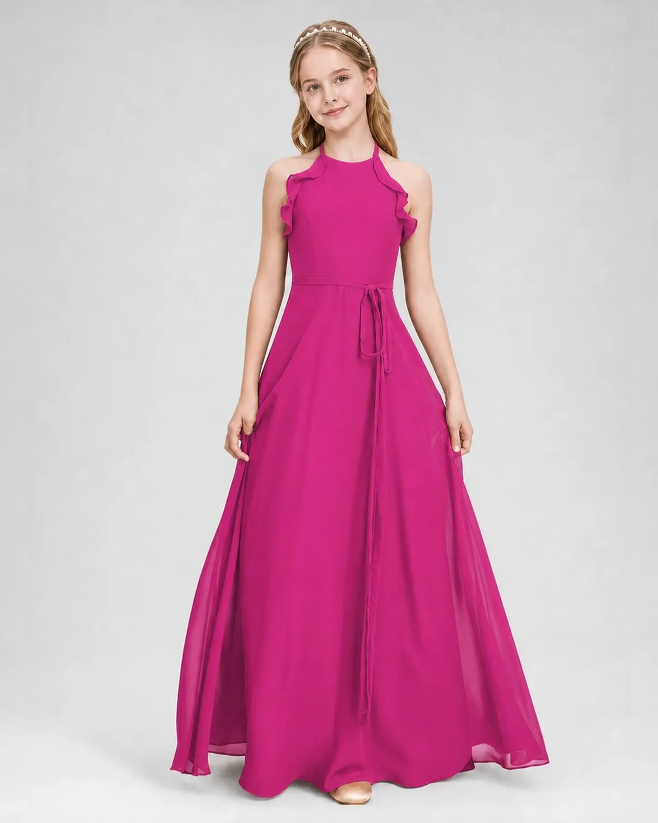 Hot Pink Chiffon A-line Junior Bridesmaid Dress Front View