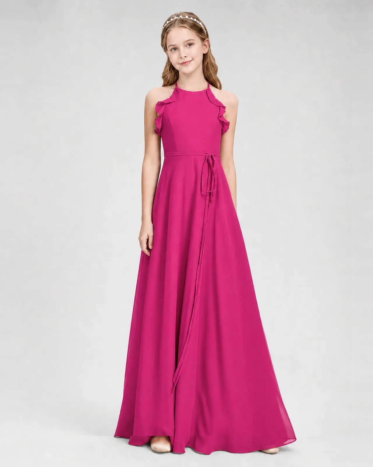 Hot Pink Chiffon A-line Junior Bridesmaid Dress Side View