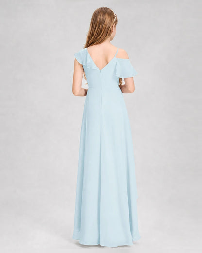 Dideyttawl Cold Shoulder Ruffle High-Low Junior Bridesmaid Dress