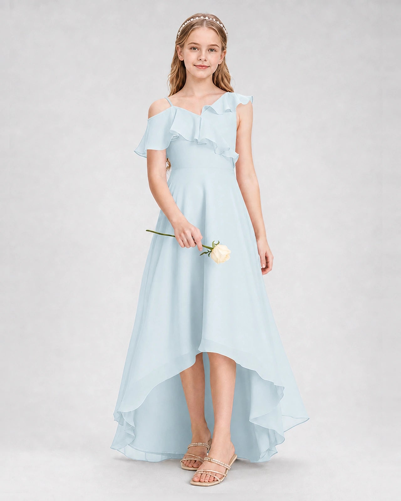 Dideyttawl Cold Shoulder Ruffle High-Low Junior Bridesmaid Dress