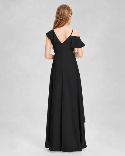Dideyttawl Cold Shoulder Ruffle High-Low Junior Bridesmaid Dress
