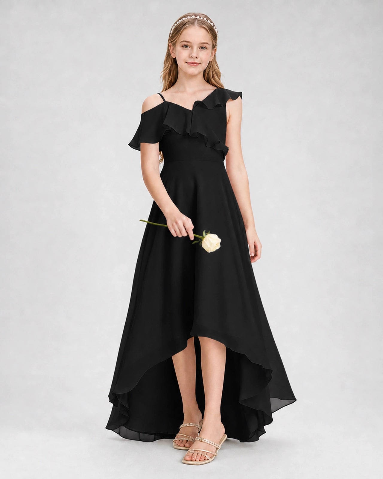 Dideyttawl Cold Shoulder Ruffle High-Low Junior Bridesmaid Dress