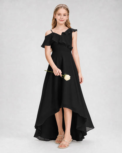 Dideyttawl Cold Shoulder Ruffle High-Low Junior Bridesmaid Dress