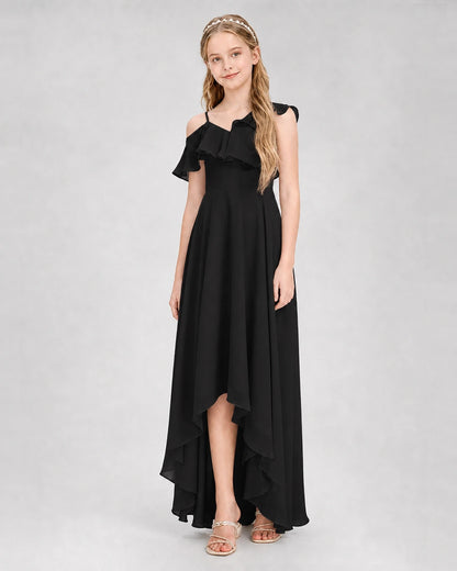 Dideyttawl Cold Shoulder Ruffle High-Low Junior Bridesmaid Dress