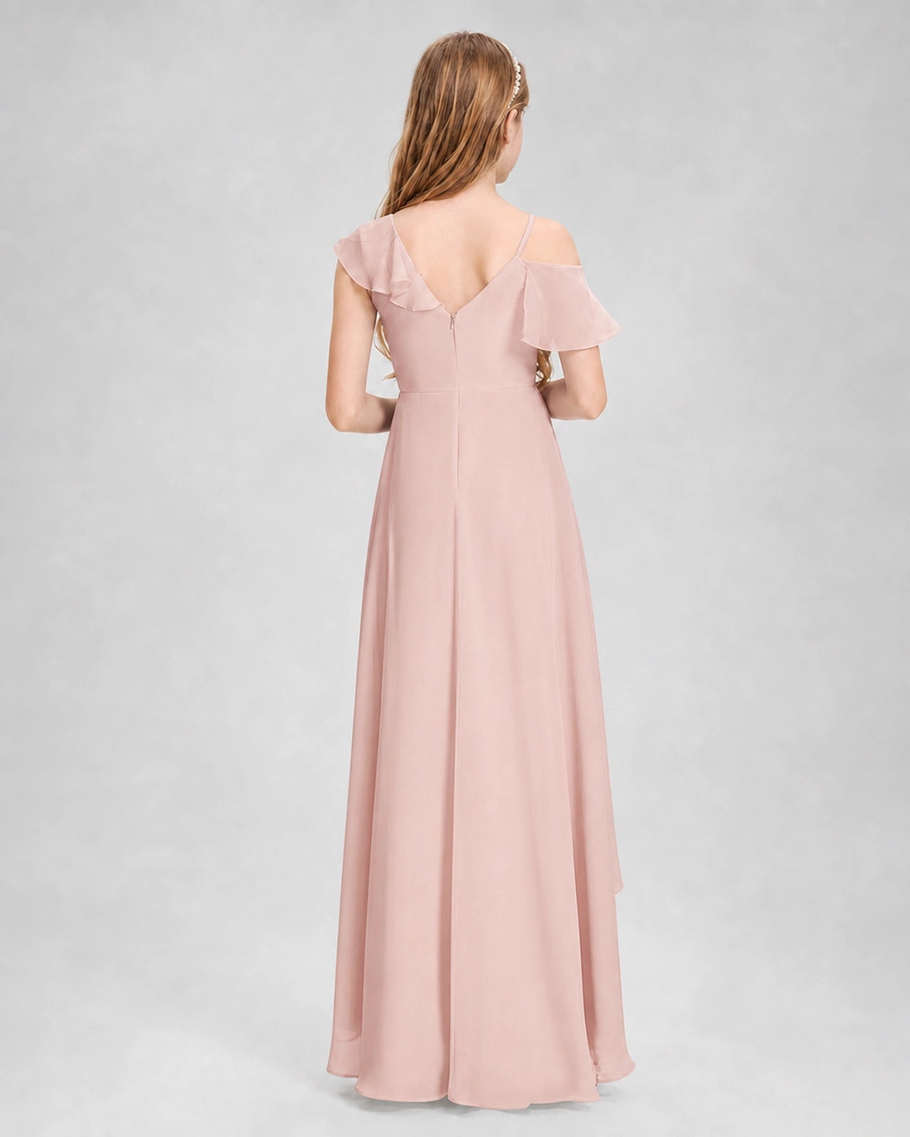 Dideyttawl Cold Shoulder Ruffle High-Low Junior Bridesmaid Dress