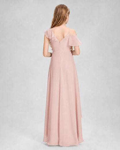 Dideyttawl Cold Shoulder Ruffle High-Low Junior Bridesmaid Dress