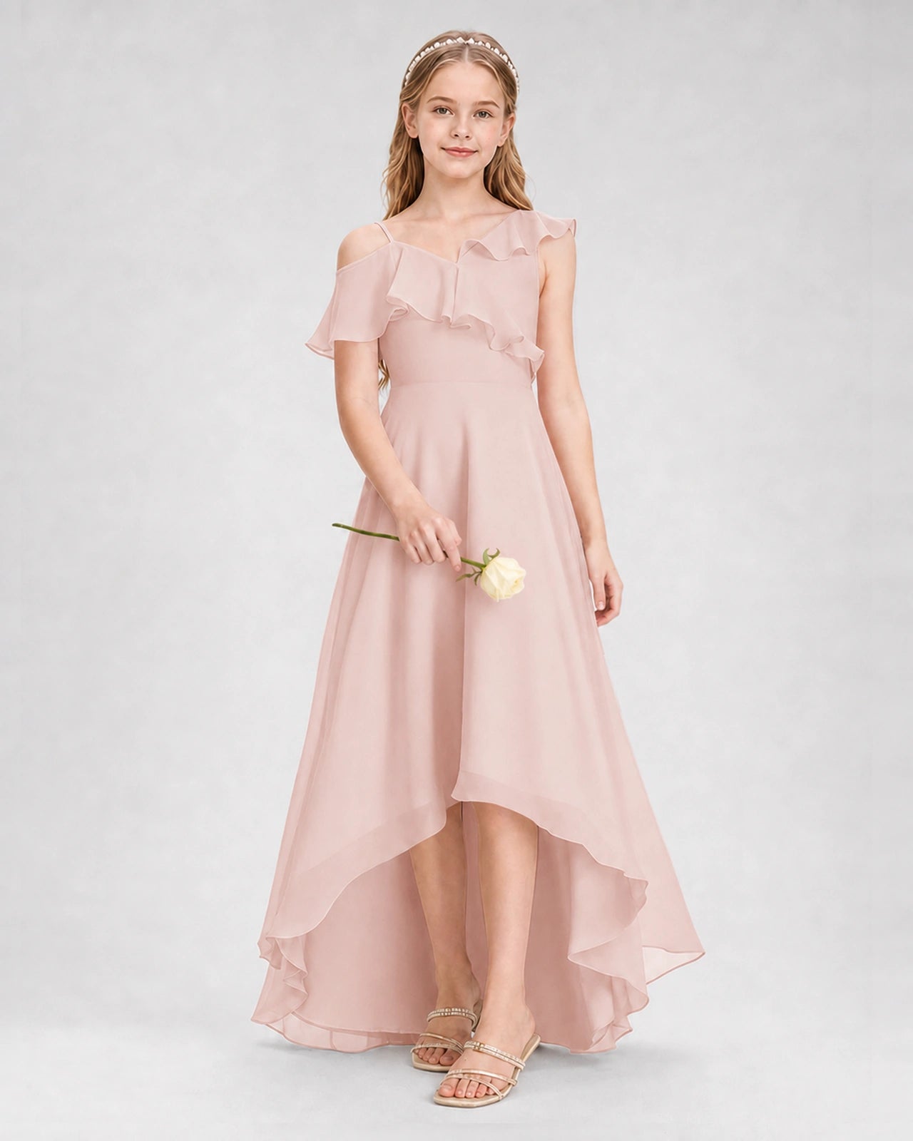 Dideyttawl Cold Shoulder Ruffle High-Low Junior Bridesmaid Dress