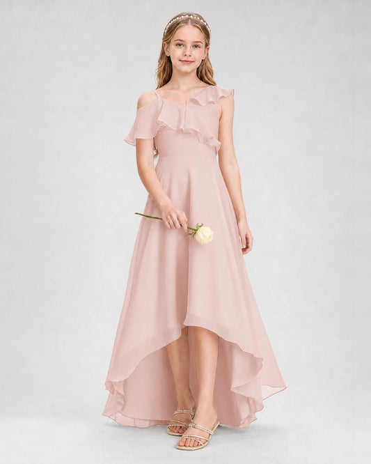 Blush Pink Chiffon Ruffled High-Low Junior Bridesmaid Dresses Front View